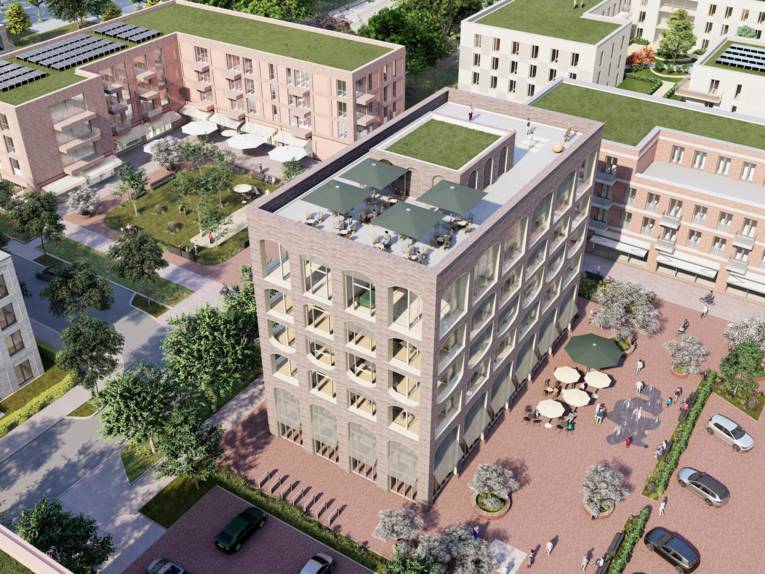 Vogelperspektive auf das geplante Weichenviertel in der Fuhsestra&szlig;e mit Blick auf den zentralen Platzbereich.